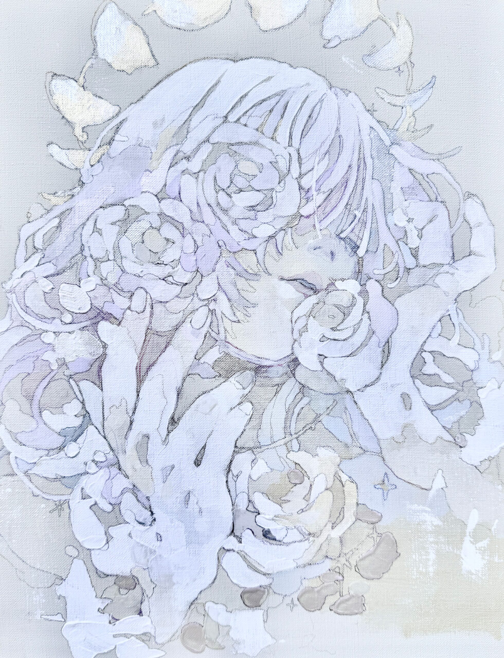 月と白薔薇 - キャンバスにアクリル絵の具、鉛筆 by 福岡 ゆらり | aL【アエル】